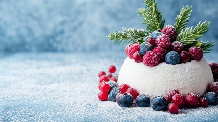festive winter dessert with berries and pine branches