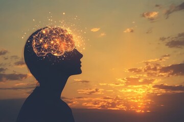 Silhouette of a Human Head with a Glowing Brain at Sunset Representing the Harmony of Thought Serenity and the Radiant Power of a Mind at Peace