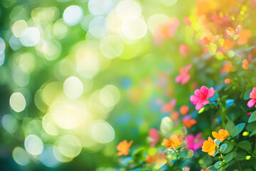 Obraz premium colorful display of flowers with a soft bokeh background, capturing the essence of a vibrant and serene natural environment