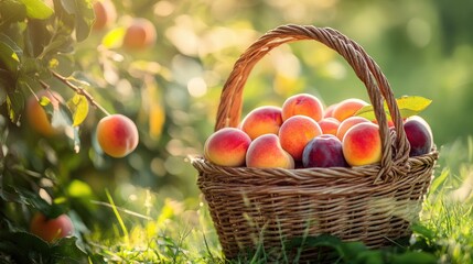 A wicker basket filled with organic peaches and plums, freshly harvested from the orchard