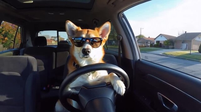 A cool dog takes the driver's seat on a sunny afternoon drive through a suburban neighborhood. Generative AI