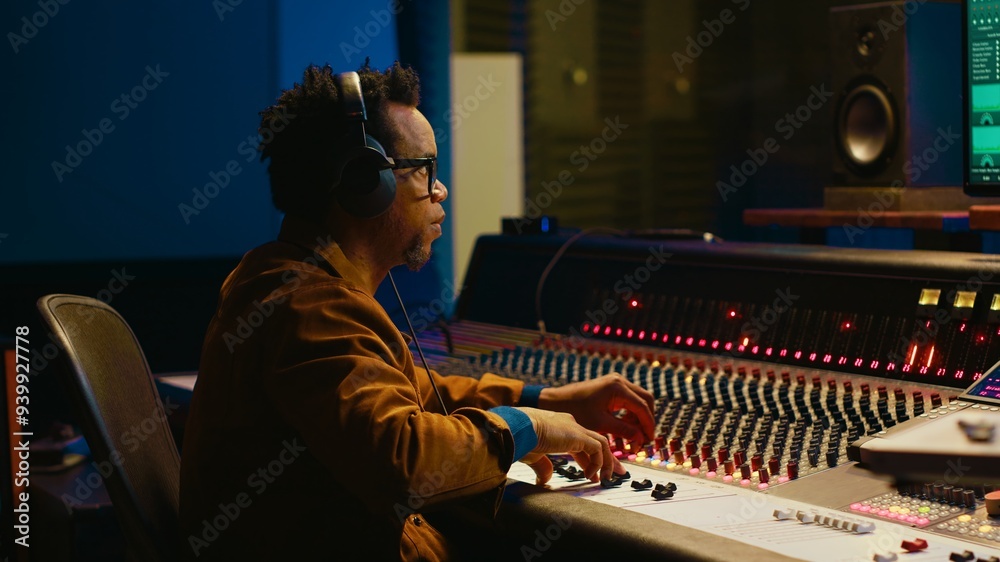 Poster Audio designer leveling sound on a mixer control desk, professional music studio concept. Producer turns up volume and adding effects on a mixing console, recording live tracks. Camera A.