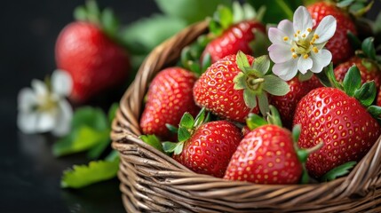 Close-up of organic strawberries in a basket, with leaves and flowers, highlighting natural sweetness