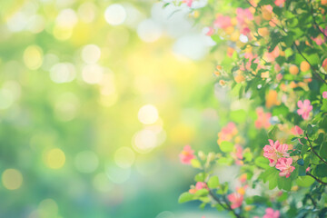 Obraz premium Soft pink flowers bloom on the right side, with a bright bokeh background giving the image a serene and peaceful atmosphere