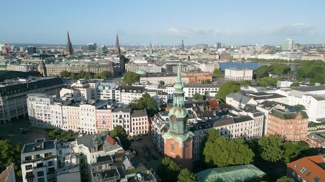 Hamburg Aerial fly over St. Georgs Kirchhof hamburg germany dowtown in front hamburg city hall alster port view.
