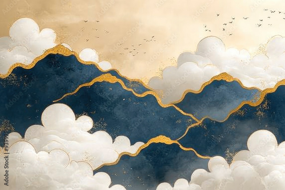 Wall mural abstract mountain landscape with gold accents and clouds