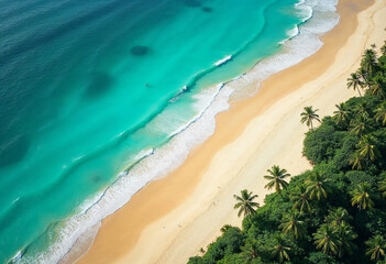 Bird’s-eye view of a pristine beach with golden sand, turquoise waters, and lush greenery, showcasing a tropical paradise.








