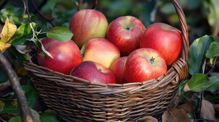 Freshly harvested organic apples in a basket, surrounded by leaves and branches, emphasizing farm freshness