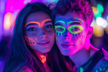 Obraz premium teen couple at Halloween party with Halloween makeup and scary Halloween costume, generative AI