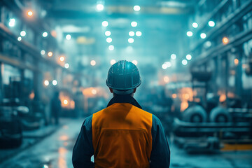 production line worker wearing a helmet in front of other production line workers in a factory, generative AI