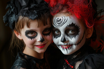 Obraz premium teen couple at Halloween party with Halloween makeup and scary Halloween costume, generative AI
