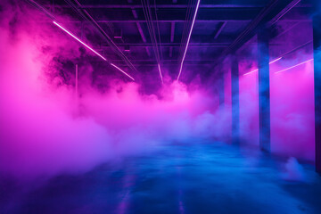 Obraz premium event lights in empty room at party with disco smoke illuminated in pink and blue, party, wallpaper, generative AI