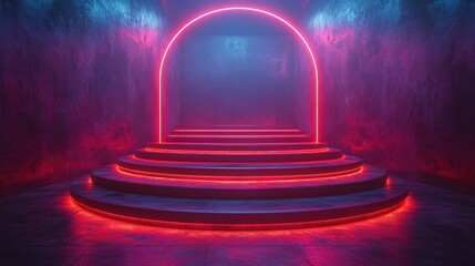Neon Lit Circular Staircase in a Glowing Room