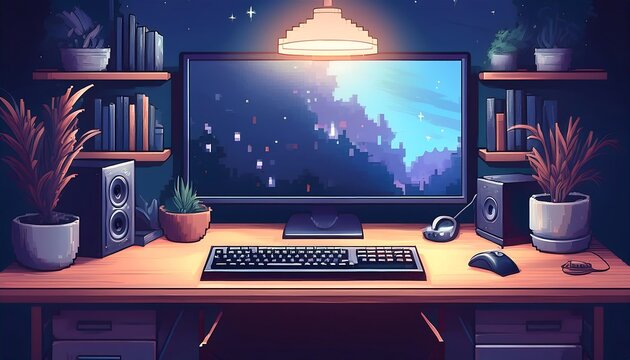 Pixelated Gamer Night Desk Scene - 16-bit pixel art silhouette of a gaming desk at night with a table. Graphic art 8 bit illustration