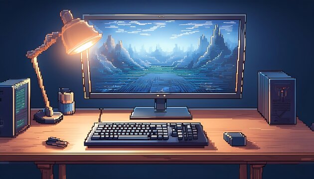 Pixelated Gamer Night Desk Scene - 16-bit pixel art silhouette of a gaming desk at night with a table. Graphic art 8 bit illustration banner
