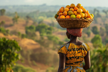 colorfully dressed african woman carries a basket of fruit on her head in a tribal african village, generative AI