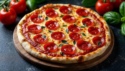 A mouthwatering pepperoni pizza on a dark background, surrounded by fresh tomatoes and basil, creates a vibrant culinary scene.