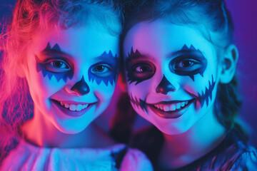 Fototapeta premium teen couple at Halloween party with Halloween makeup and scary Halloween costume, trick or treat, generative AI