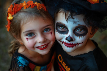 Fototapeta premium teen couple at Halloween party with Halloween makeup and scary Halloween costume, trick or treat, generative AI