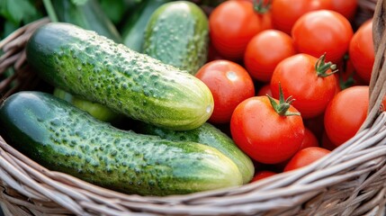 Close-up of organic cucumbers and tomatoes in a basket, emphasizing freshness and health