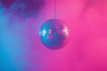 Fototapeta premium silver disco ball reflecting pink and blue light against a background of disco smoke illuminated by pink and blue light, generative AI