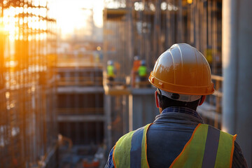 construction worker in a helmet against the background of other construction workers and construction structures, generative AI
