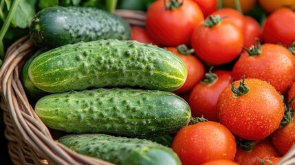Close-up of organic cucumbers and tomatoes in a basket, emphasizing freshness and health