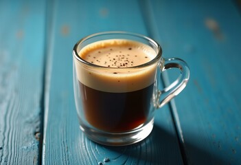 Clear Glass Mug with Creamy Beverage on Blue Wood Background