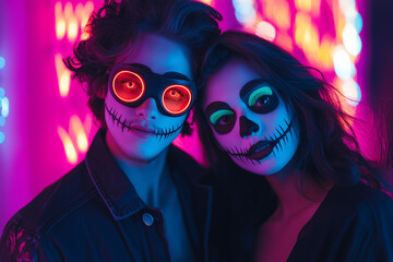 Obraz premium teen couple at Halloween party with Halloween makeup and scary Halloween costume, generative AI