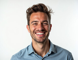 Obraz premium Professional portrait of a handsome young white American man smiling with clean teeth, against a white background in smart, casual attire.