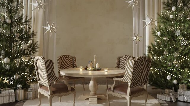 Elegant Christmas dining setting enhanced with festive decor, ornaments, and trees. High quality footage 4K video, 3d rendering