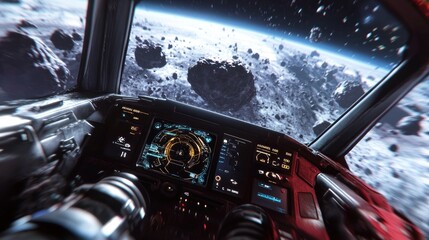 Spaceship Cockpit View of a Distant Planet