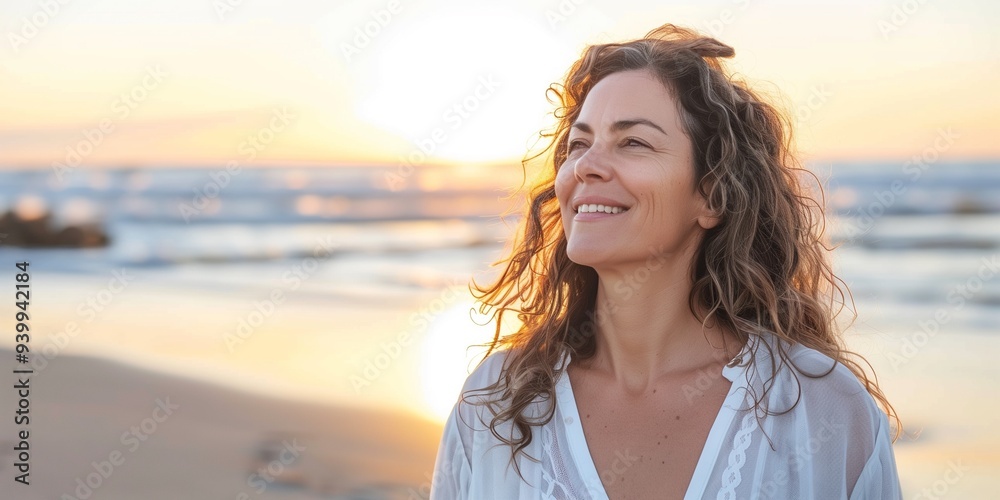 Wall mural happy 40 year old woman on the beach smiling with serenity