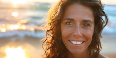 Happy 40 year old woman on the beach smiling with serenity