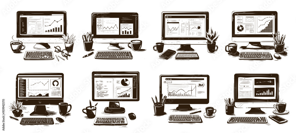 Poster monitor screen. workplace sketch, black and white desktop computer graph chart keyboard mouse phone 