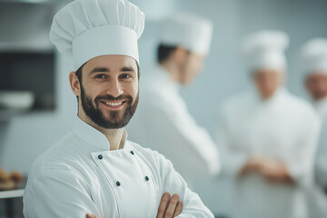a chef wearing a chef's hat in the kitchen in front of other chefs cooking, generative AI