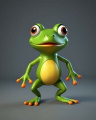 Obraz premium Cute cartoon frog with big eyes and a smile, isolated on a gray background.