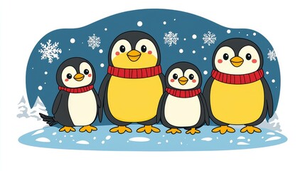 Fototapeta premium Cute Penguin Family Standing Together In Winter