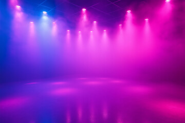 event lights in empty room at party with disco smoke illuminated in pink and blue, party, wallpaper, generative AI