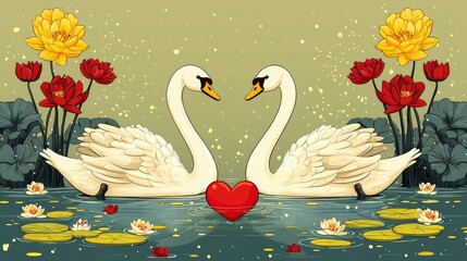Two Swans in Love with a Red Heart in a Pond Surrounded by Lotus Flowers