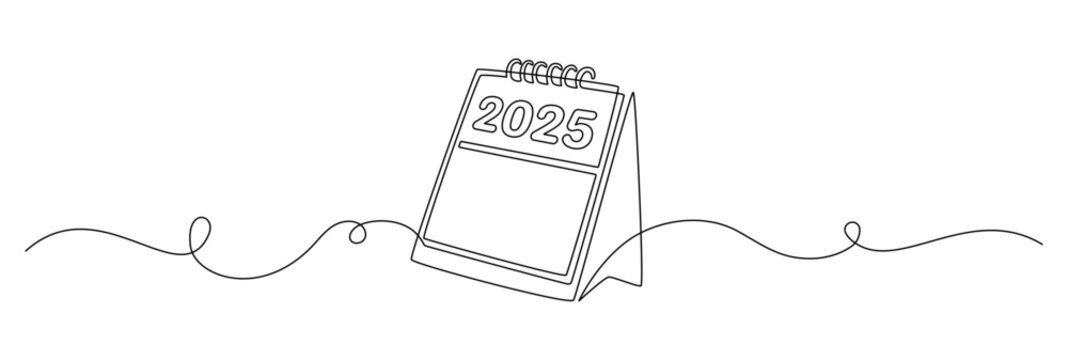 recommend clip art: Loose-leaf calendar 2025 year in one continuous line drawing. Symbol of memorable date and event day in simple linear style. Time planner agenda concept in editable stroke. Doodle vector illustration