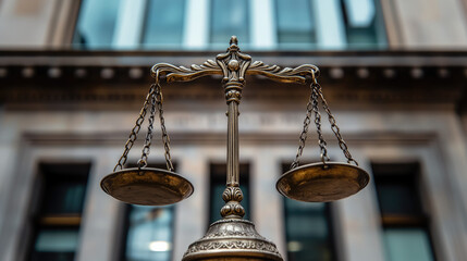 steel scales against the background of the courthouse, justice, law, right, order, court, symbol, legal, jurisprudence, equality, balance, weight, judgement, verdict, lawyer, wisdom, legislation