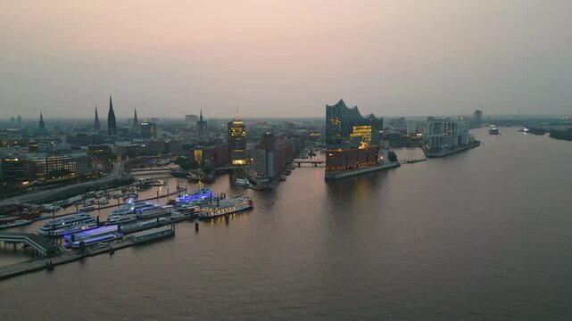 Drone shot revealing HafenCity , Hamburg , German
