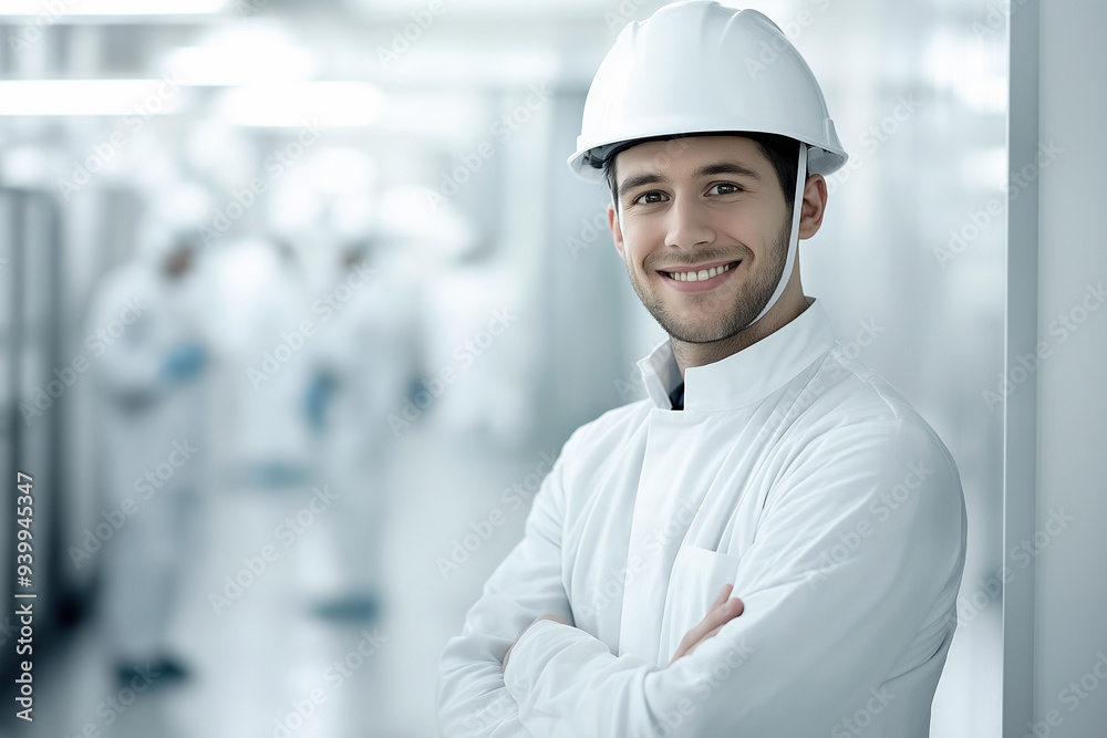 Wall mural worker in a helmet against the background of other workers