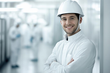 worker in a helmet against the background of other workers