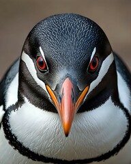 Naklejka premium Close-up portrait of a guillemot with red eyes and an orange beak.
