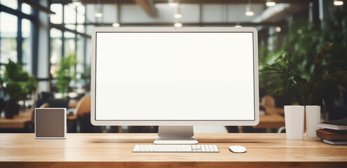 Fototapeta premium Blank Desktop Monitor in Stylish Office Setting Modern Workspace Mockup