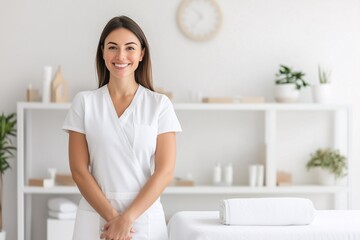 A woman massagist is standing in front of her massage table, smiling with crossed arms and wearing white, spa, massage, clinic and cosmetology service, beauty poster, banner, copy space