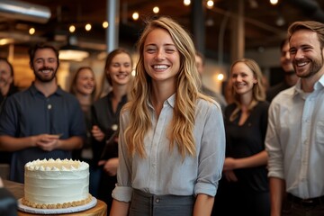 Naklejka premium A young woman holding a birthday cake surrounded by friends and family symbolizing celebration happiness and the joy of togetherness in a warm festive atmosphere
