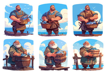 peasant with fish. medieval man with basket on pier, fisherman merchant artisan catch craft apron beard sea fish vector illustration
